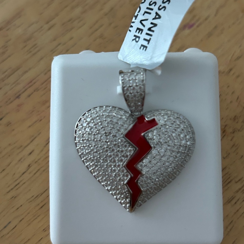 Silver-tone Pave Heart Brooch with Red Enamel Lightning Detail